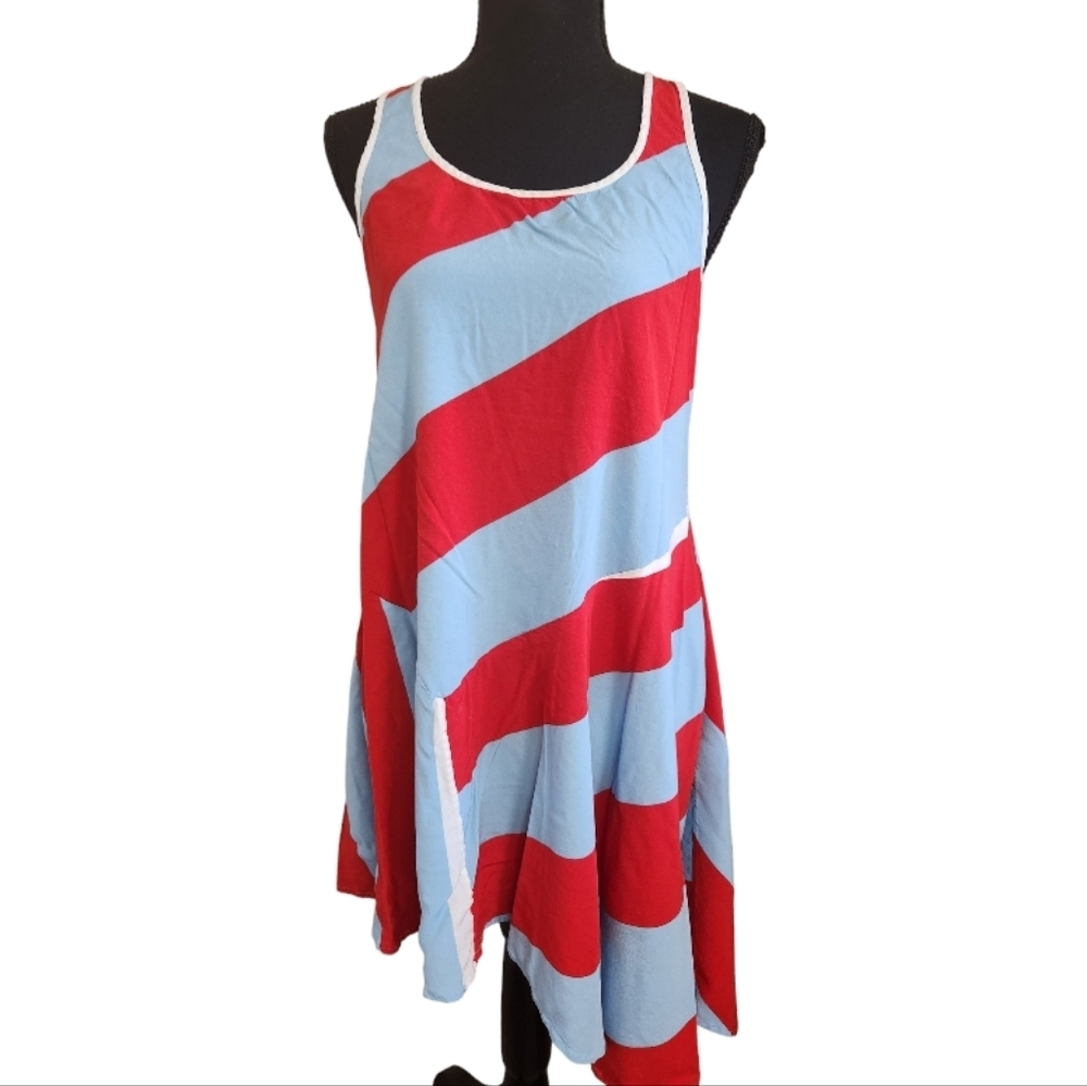 THE KIT striped sleeveless diagonal hem sundress midi dress red light blue sz S
